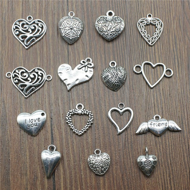 10pcs Antique Silver Color Heart Charm Pendants Jewelry